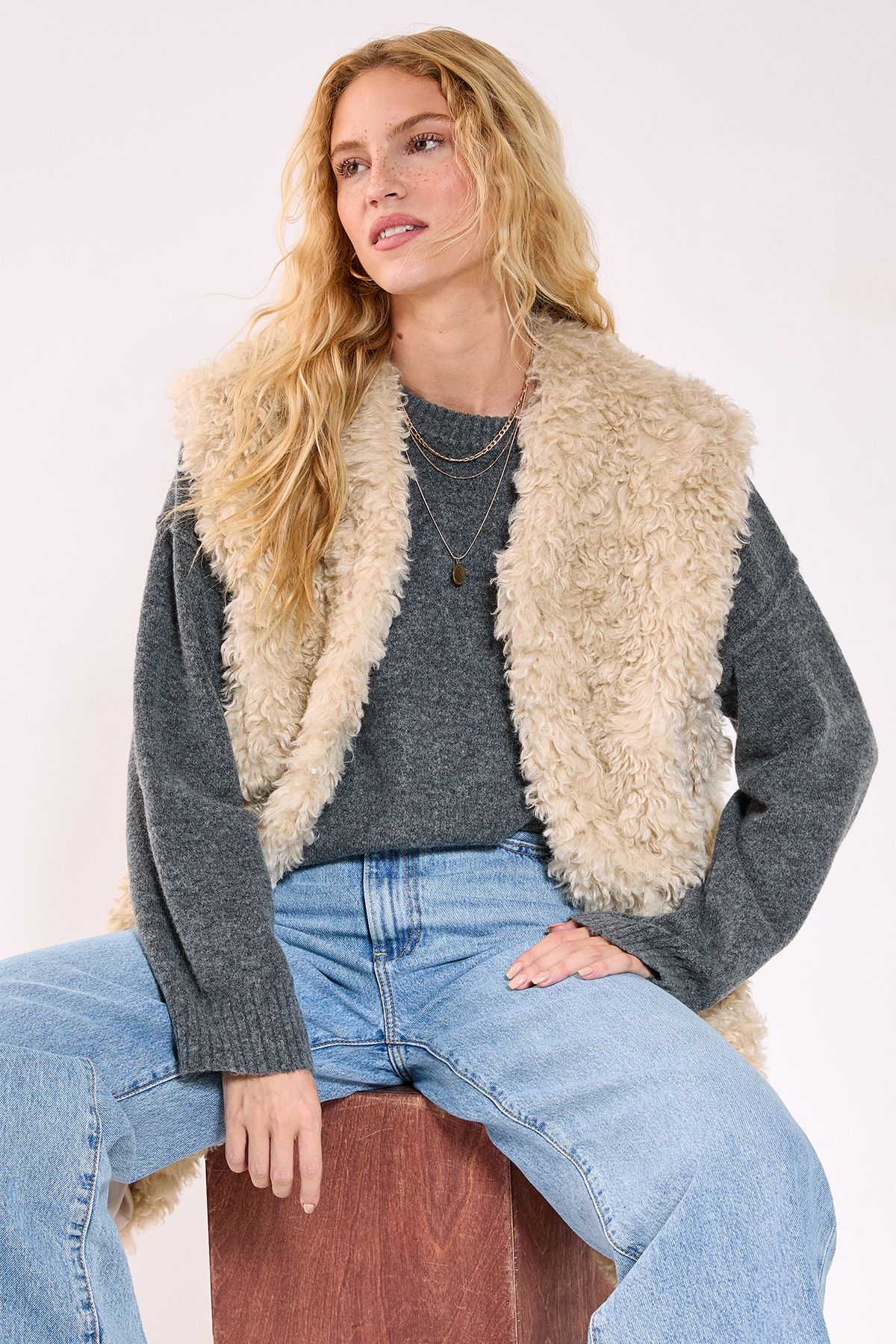 NastyGal Curly Faux Fur Borg Gilet Ecru image 1