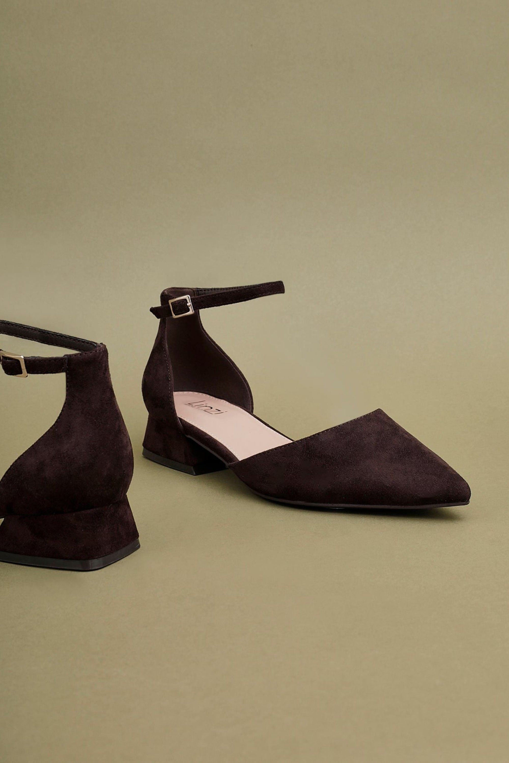 Linzi Dolly Wide Fit Brown Faux Suede Low Block Court Heel image 2