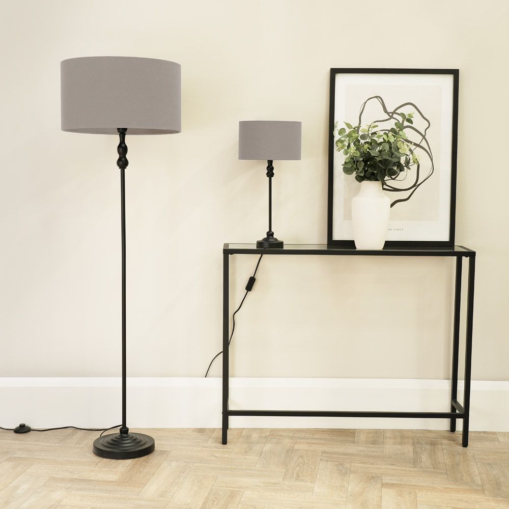 ValueLights Maggie Black Metal Candlestick Table Lamp with Fabric Drum Shade and LED Bulb image 4