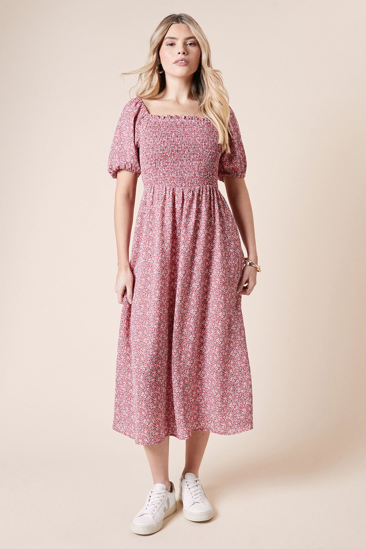 Dorothy Perkins Ditsy Shirred Bodice Midi Dress Pink image 1