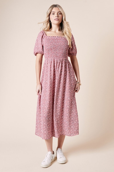 Dorothy Perkins Ditsy Shirred Bodice Midi Dress Pink
