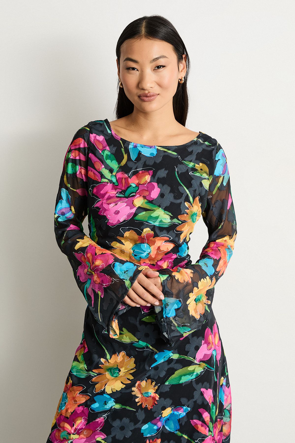 Warehouse Petite Burnout Floral Chiffon Slash Neck Bias Midi Dress Black image 2