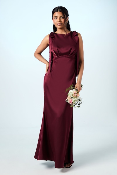Coast Coast Honoured Petite Sleeveless High Neck Tie Shoulder Satin Maxi Bridesmaid Dress Malbec