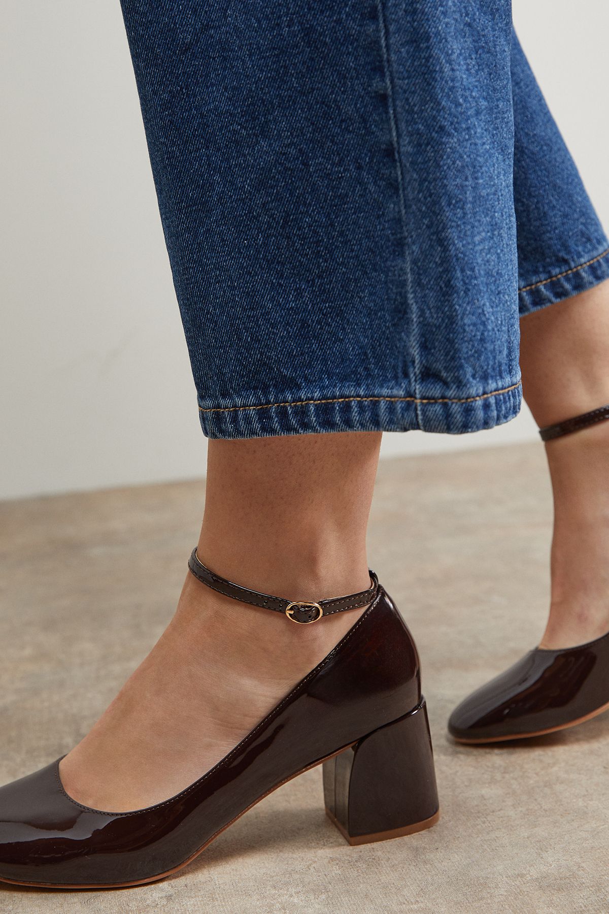 Oasis Venisha Faux Patent Leather Ankle Strap Medium Heel Court Shoes Chocolate image 4