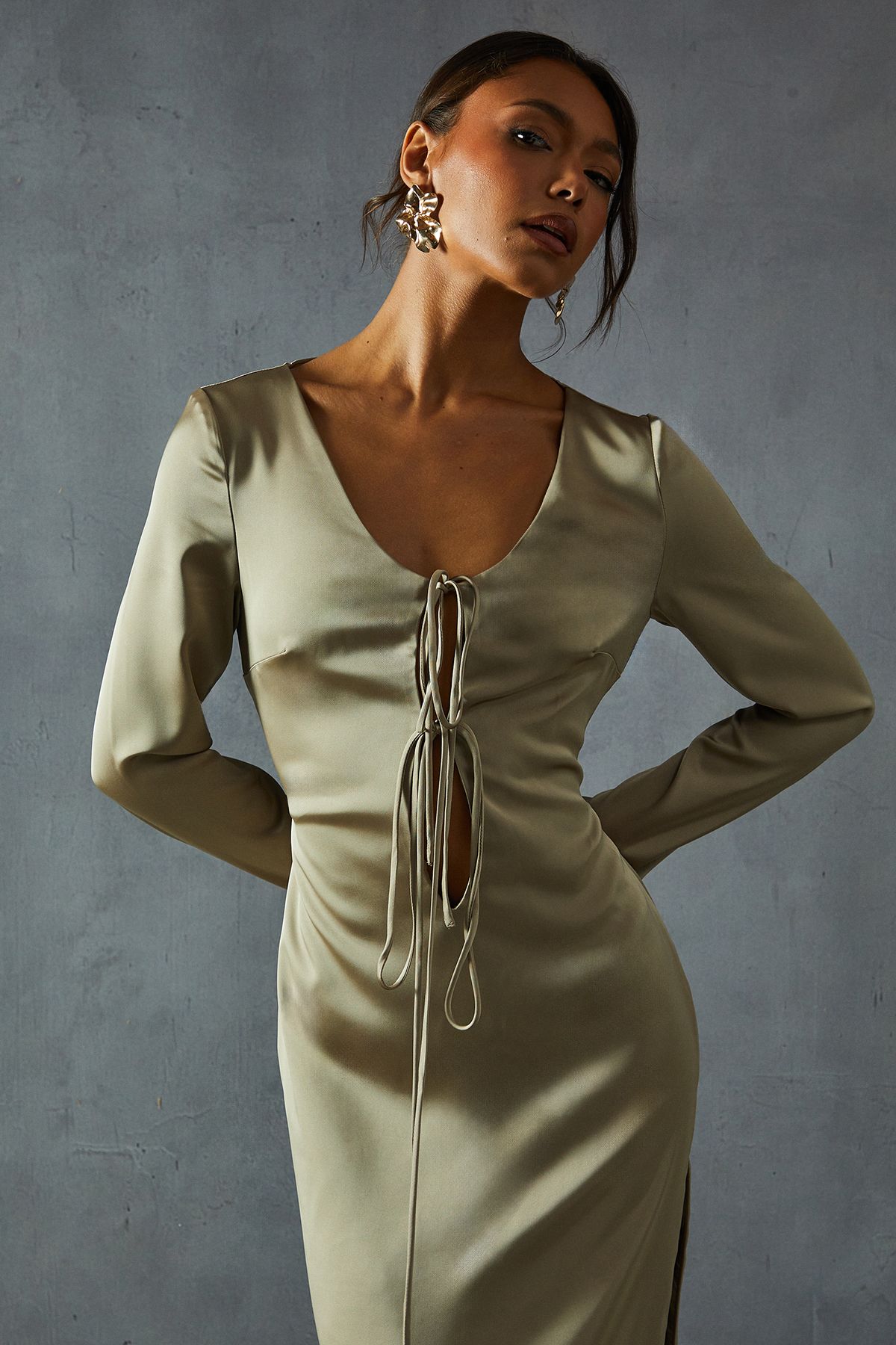 MissPap Premium Satin Tie Front Long Sleeve Maxi Dress Bronze image 4