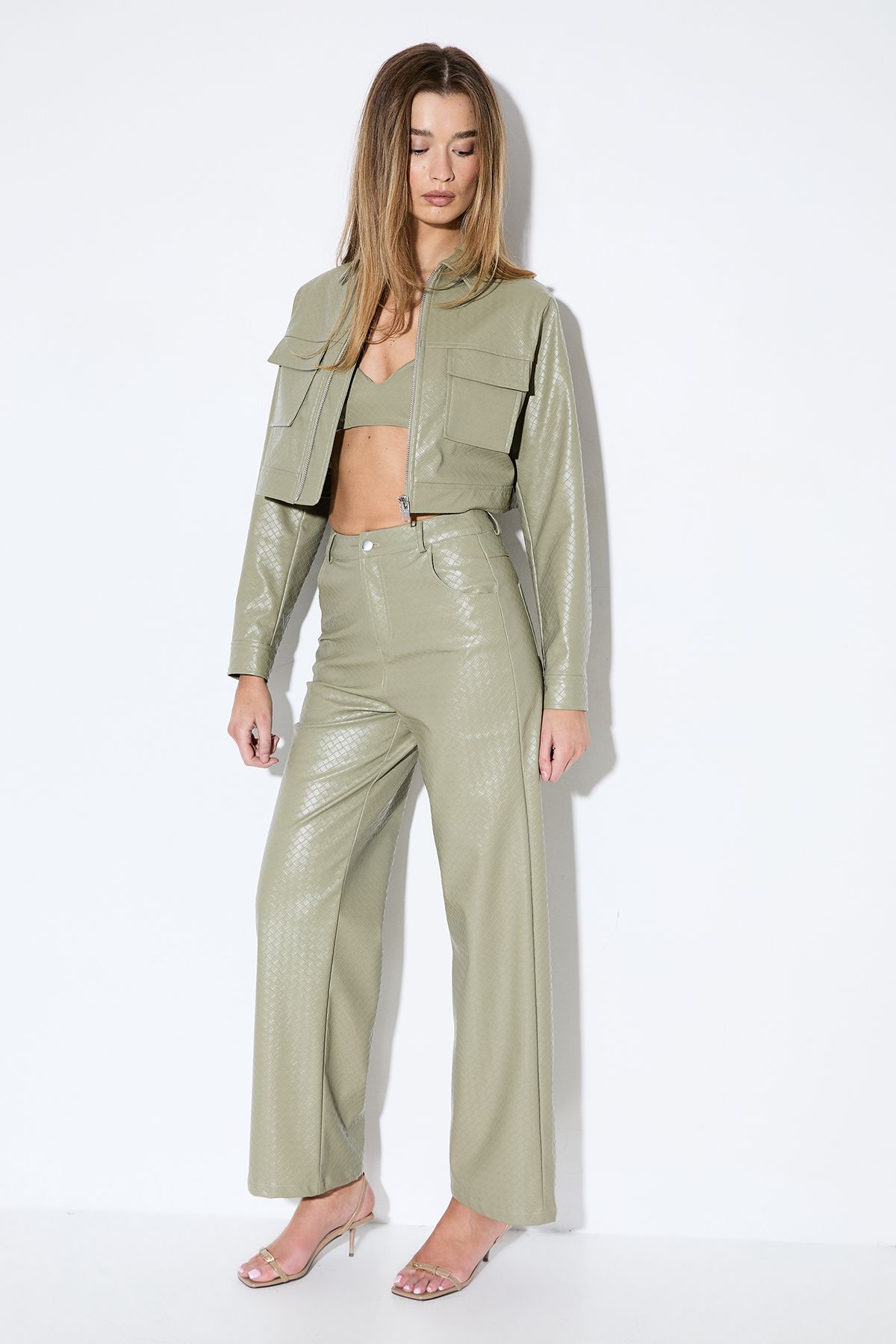 MissPap Woven Detail Faux Leather Trouser Olive