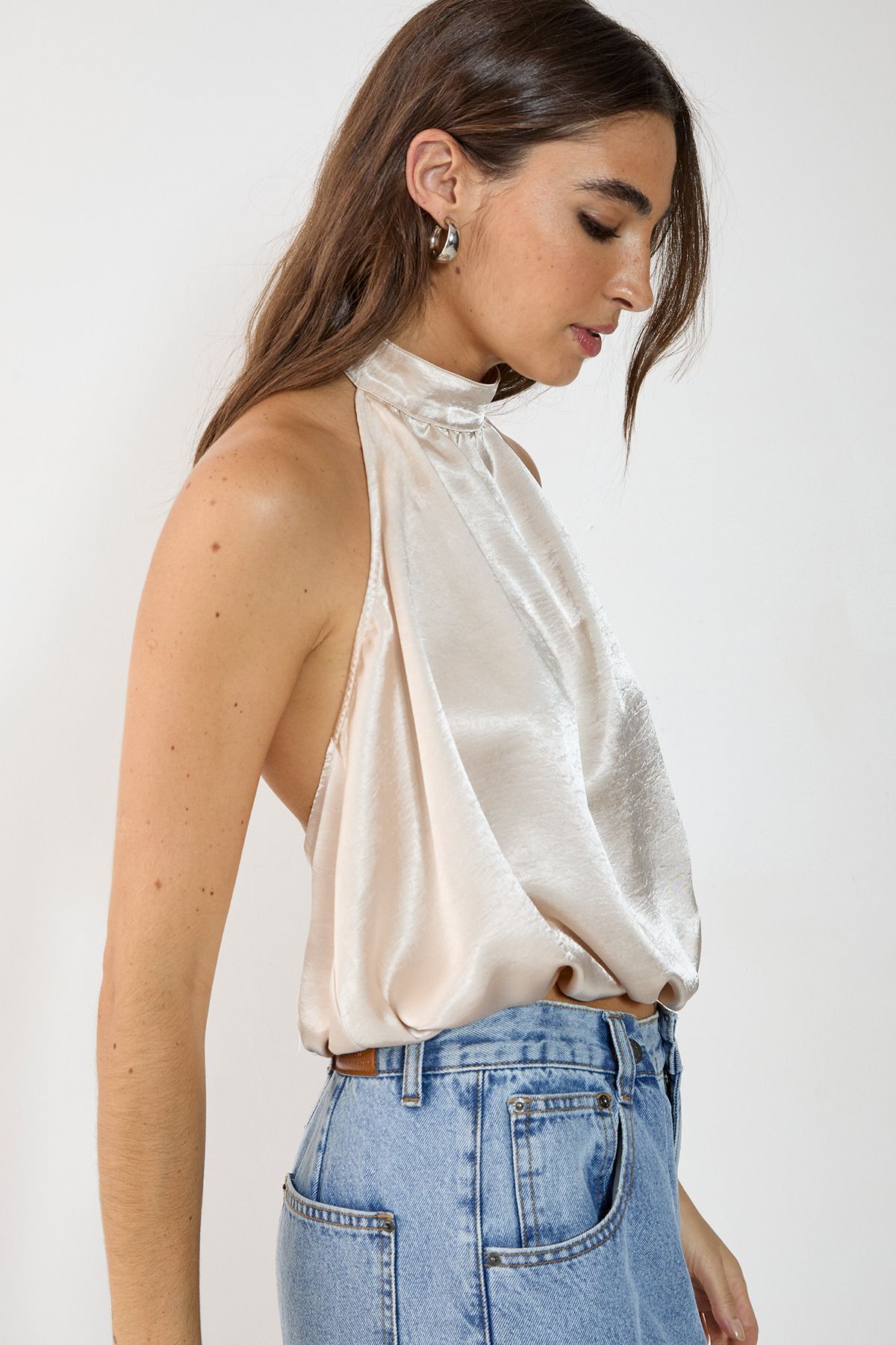 NastyGal Satin High Neck Puffball Top Oyster image 3