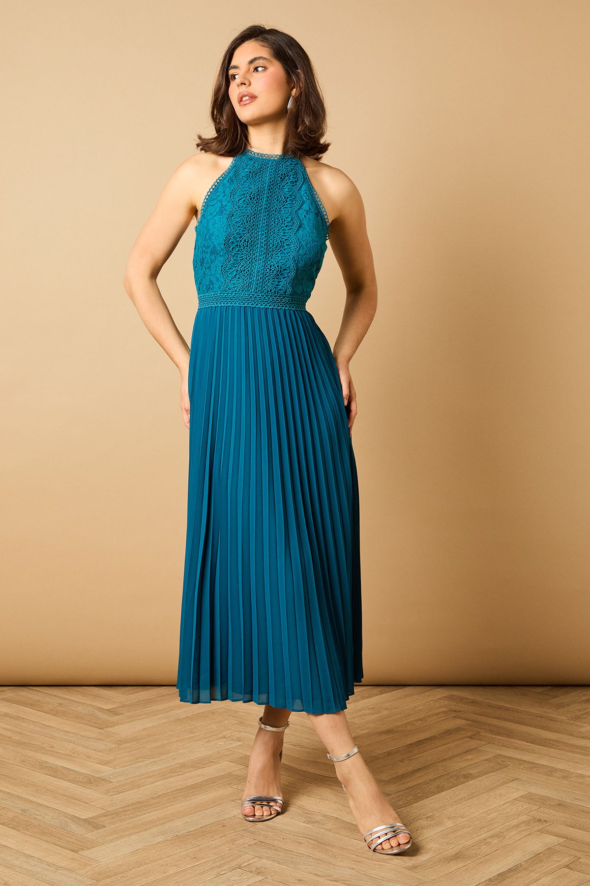 Oasis Plain Lace Mix Halterneck Midi Dress Teal image 1