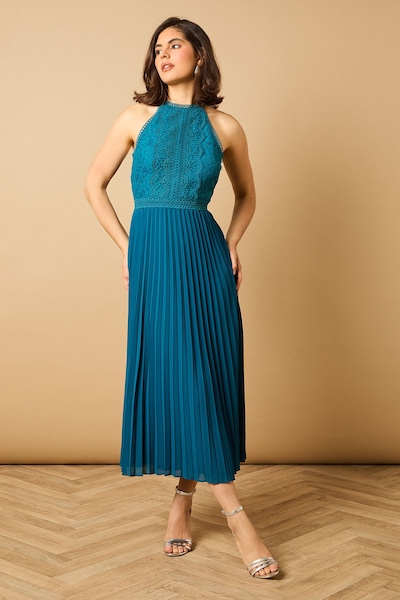 Oasis Plain Lace Mix Halterneck Midi Dress Teal