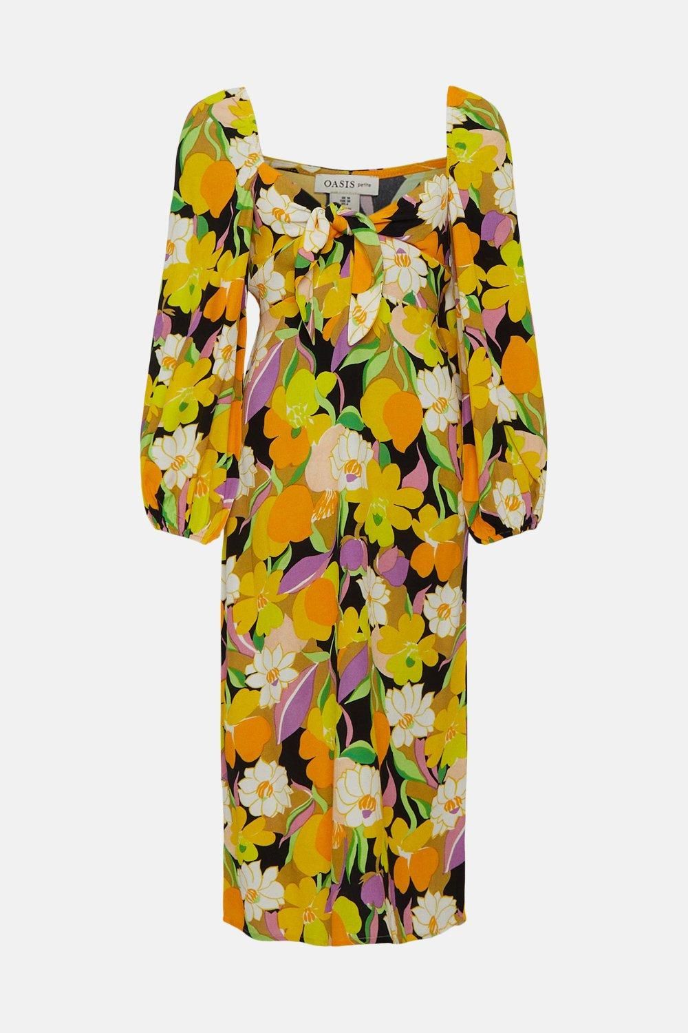 Oasis Petite Graphic Floral Tie Front Midi Dress Yellow image 4
