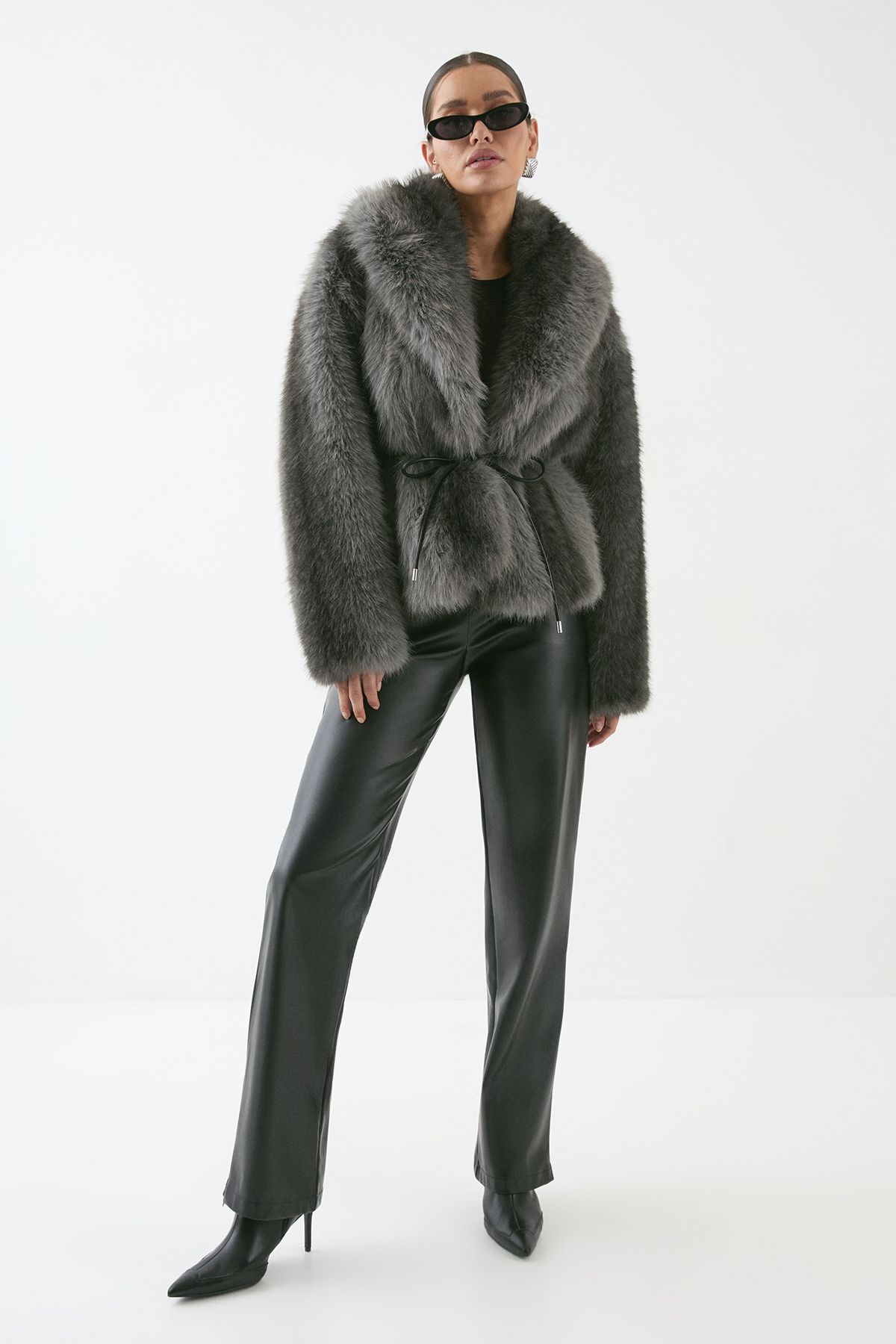 MissPap Faux Fur Wide Collar Belted Jacket Dark Grey image 2