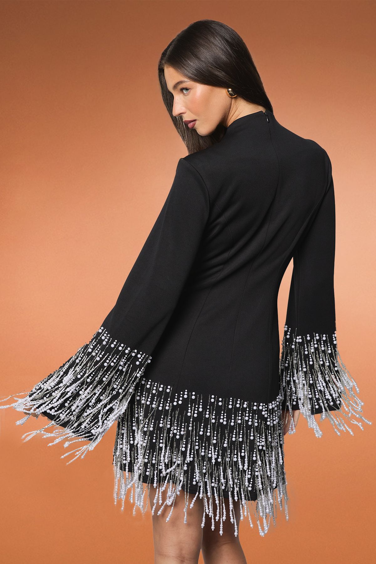 Coast Long Sleeve Crepe Mini Dress With Pearl Fringe Embellishment Black image 3