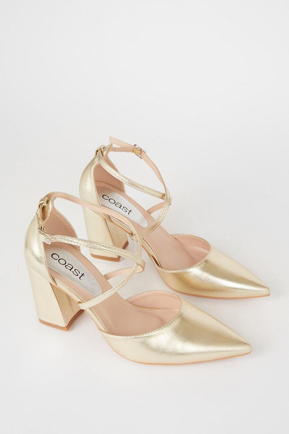 Coast Treat Faux Leather  Cross Strap Pointed Block Heel Court Shoes Champagne image 4
