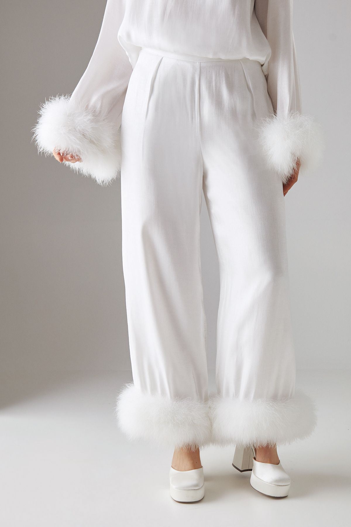Warehouse Premium Iridescent Feather Cuff Wide Leg Trousers Ivory image 1