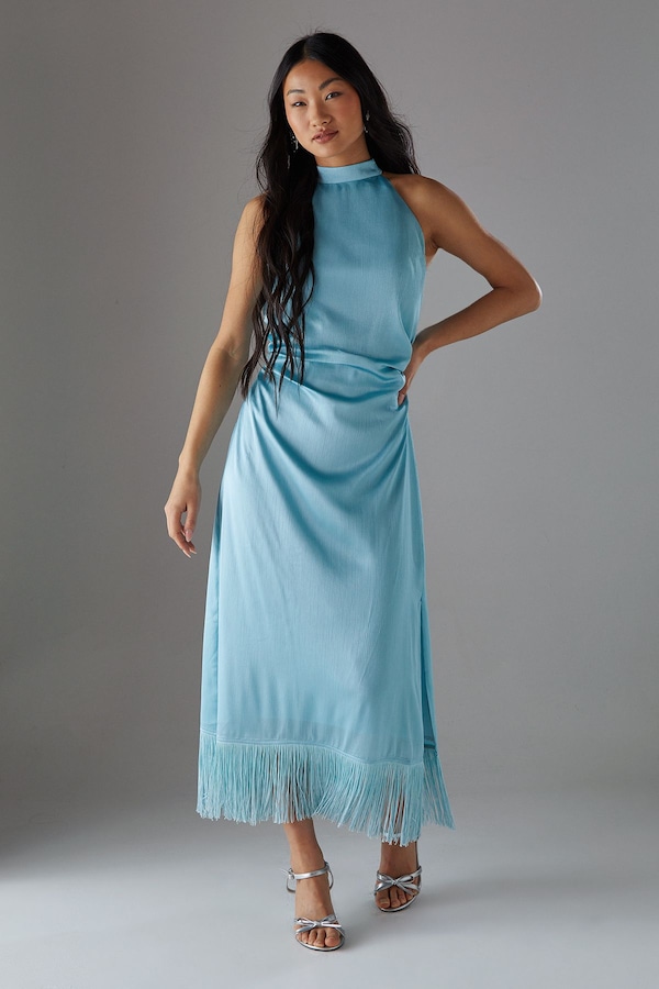 Warehouse Petite Crinkle Satin Halter Fringe Midi Dress Blue