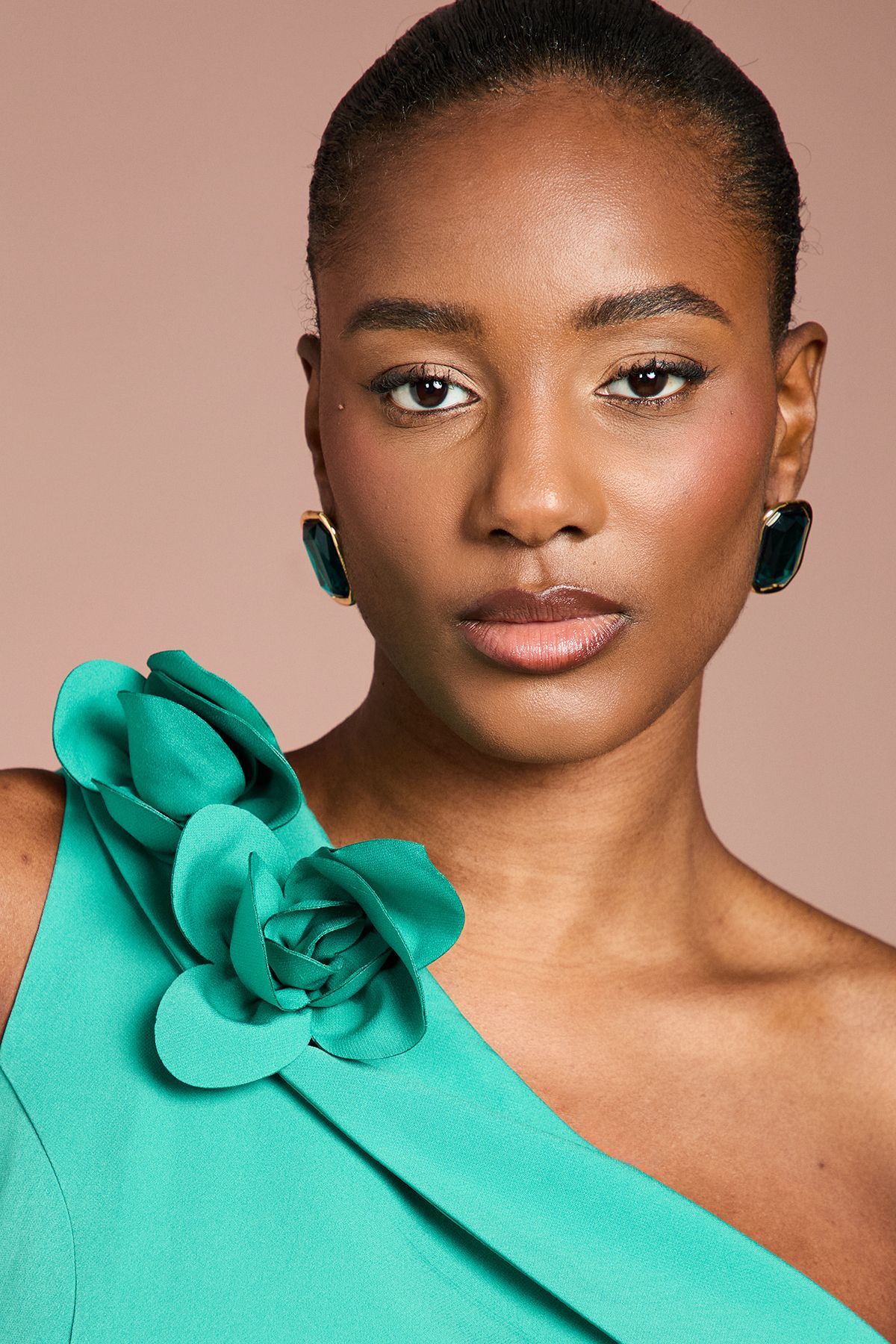 Coast Teal One Shoulder Corsage Ruffle Crepe Midi Dress | PLT