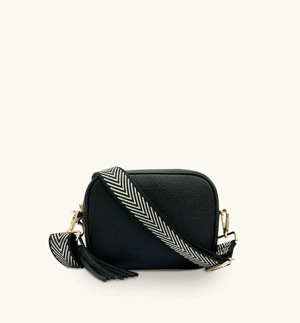 Apatchy London Black Leather Crossbody Bag With Black & Gold Chevron Strap
