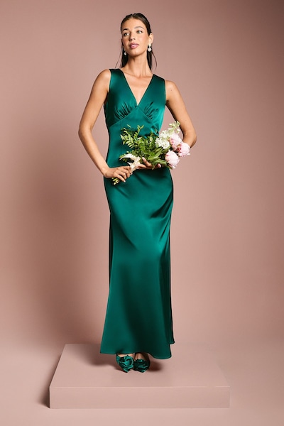 Coast Bow Back V Neck Satin Bridesmaid Dress Emerald