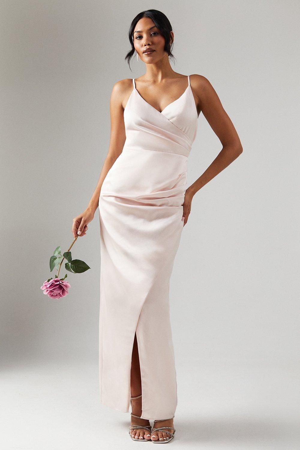 Oasis Ruche Side Strappy Satin Maxi Bridesmaid Dress Blush image 1