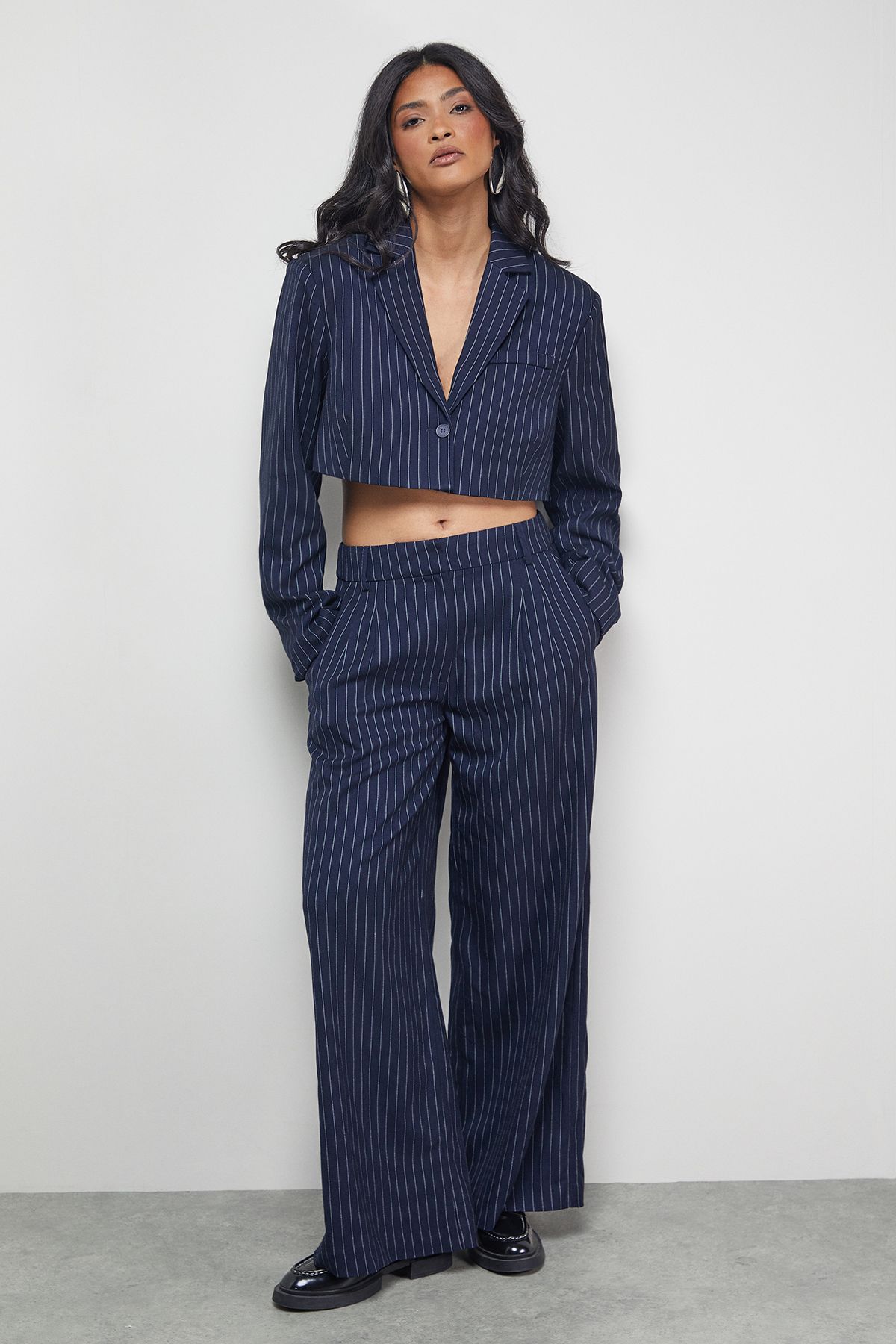Warehouse Navy Pinstripe Cropped Blazer Co-ord Navy image 2