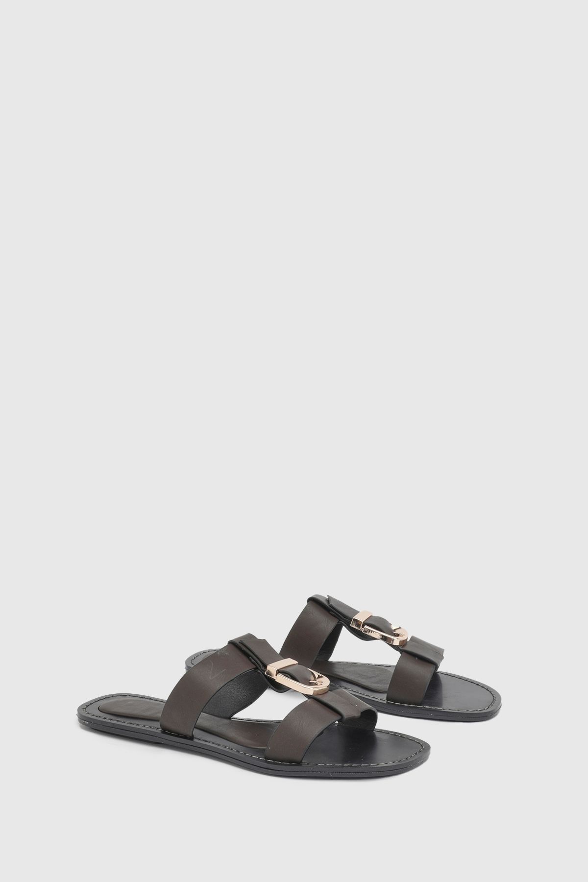 MissPap Brown Faux Leather Buckle T-Bar Flat Sliders Chocolate