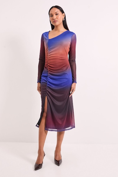 Principles Ruched Draw Chord Detail Ombre Mesh Midi Dress Blue
