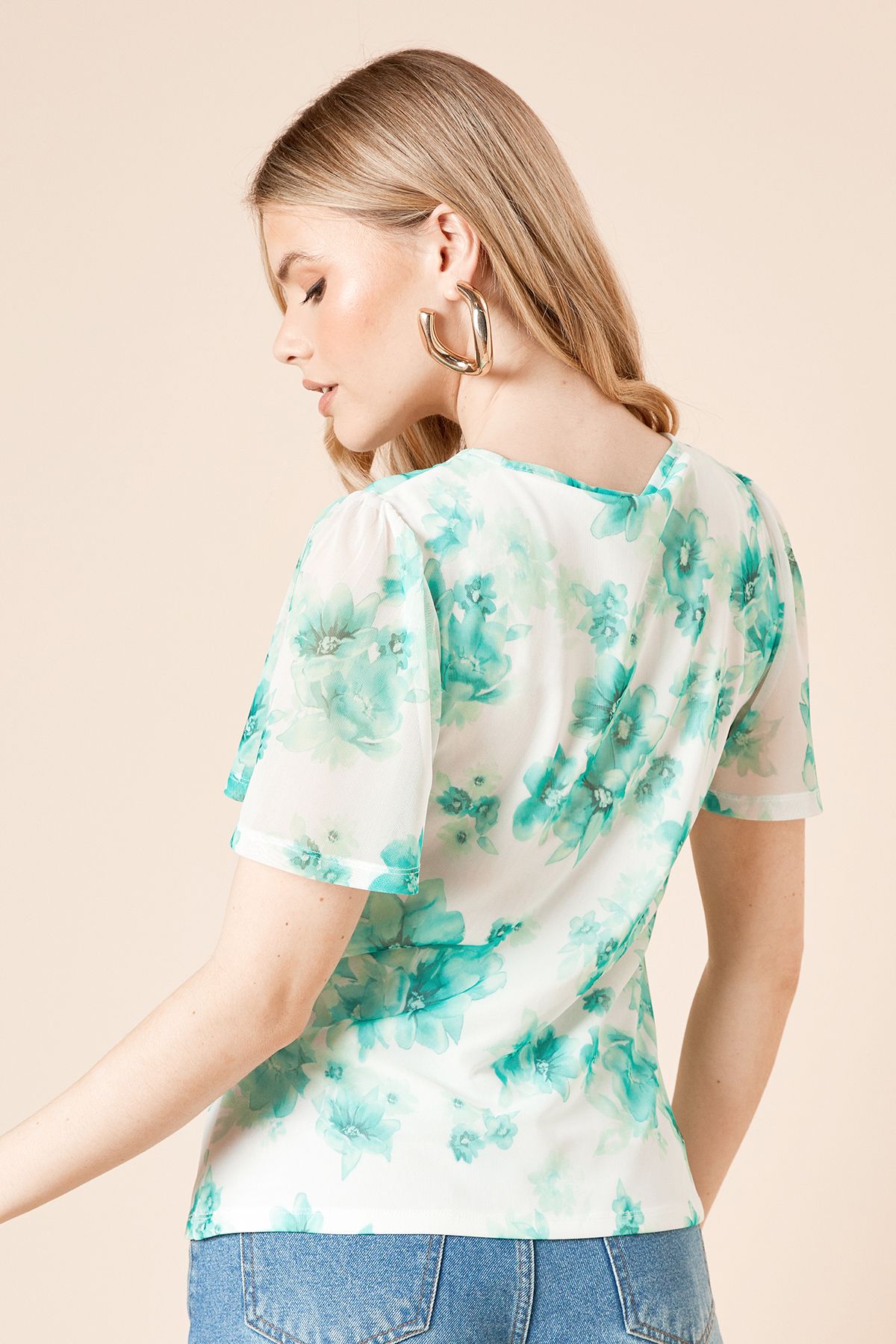 Dorothy Perkins Green Floral Keyhole Ruched Front Angel Sleeve Mesh Jersey Top Green image 4