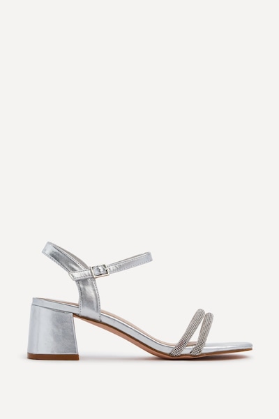 Linzi Bunty Silver Faux Leather Diamante Block Heeled Sandal