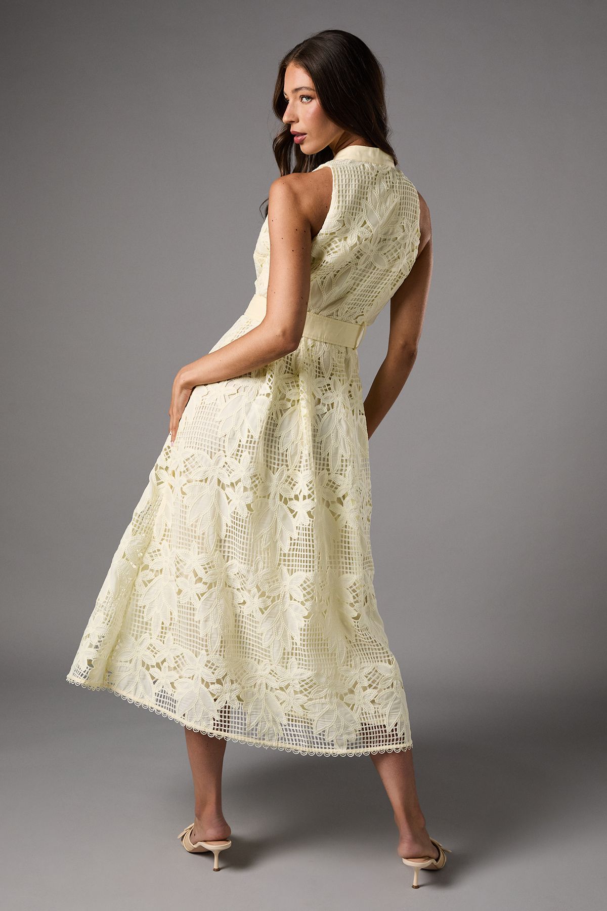 Coast Belted Sleeveless Cutwork Lace Midi Dress Lemon image 3