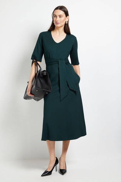 Principles V Neck Belted Ponte Midi Dress Forest