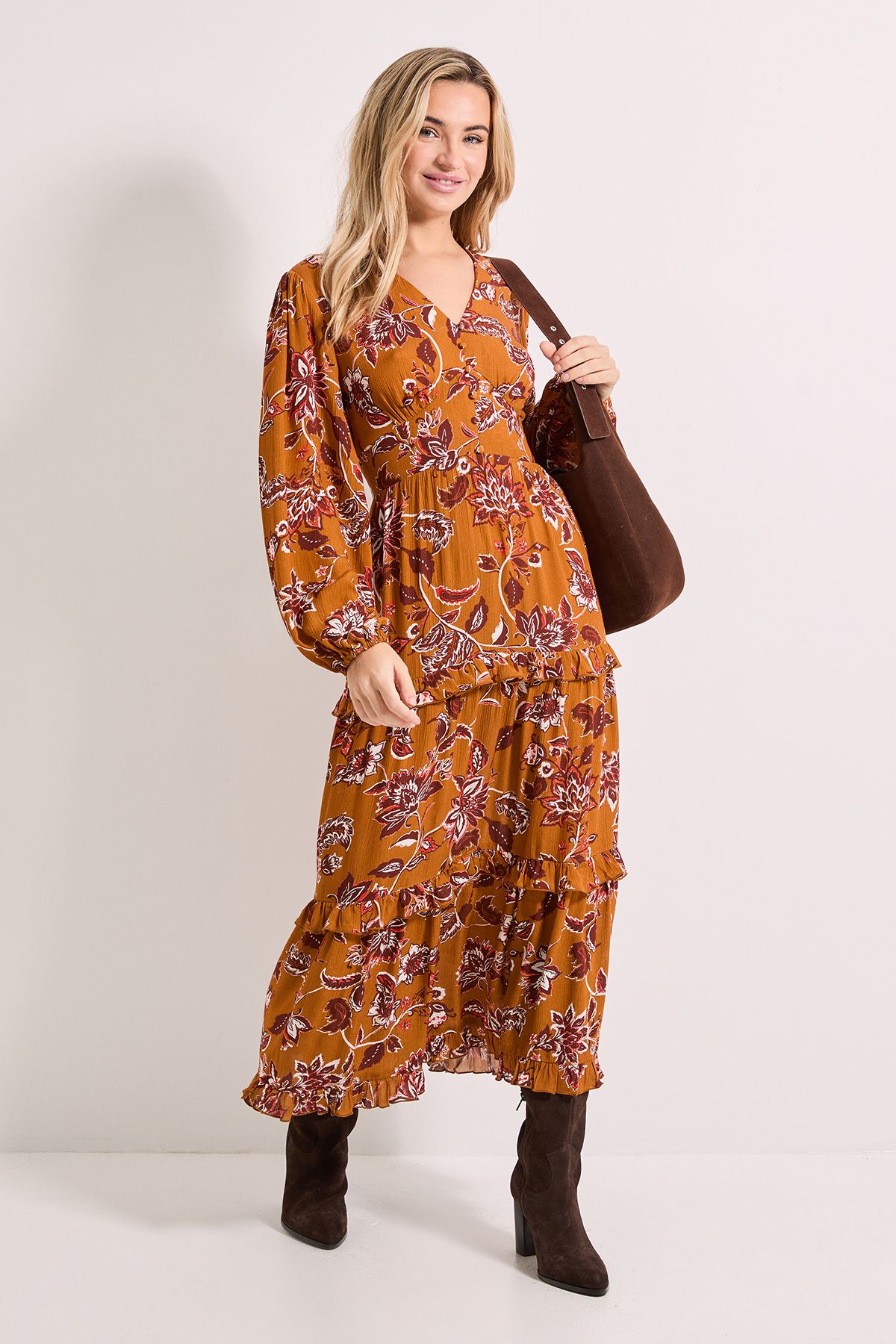 Dorothy Perkins Button Through Blouson Sleeve Tiered Frill Midi Dress Orange image 1