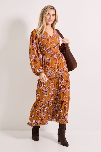 Dorothy Perkins Button Through Blouson Sleeve Tiered Frill Midi Dress Orange