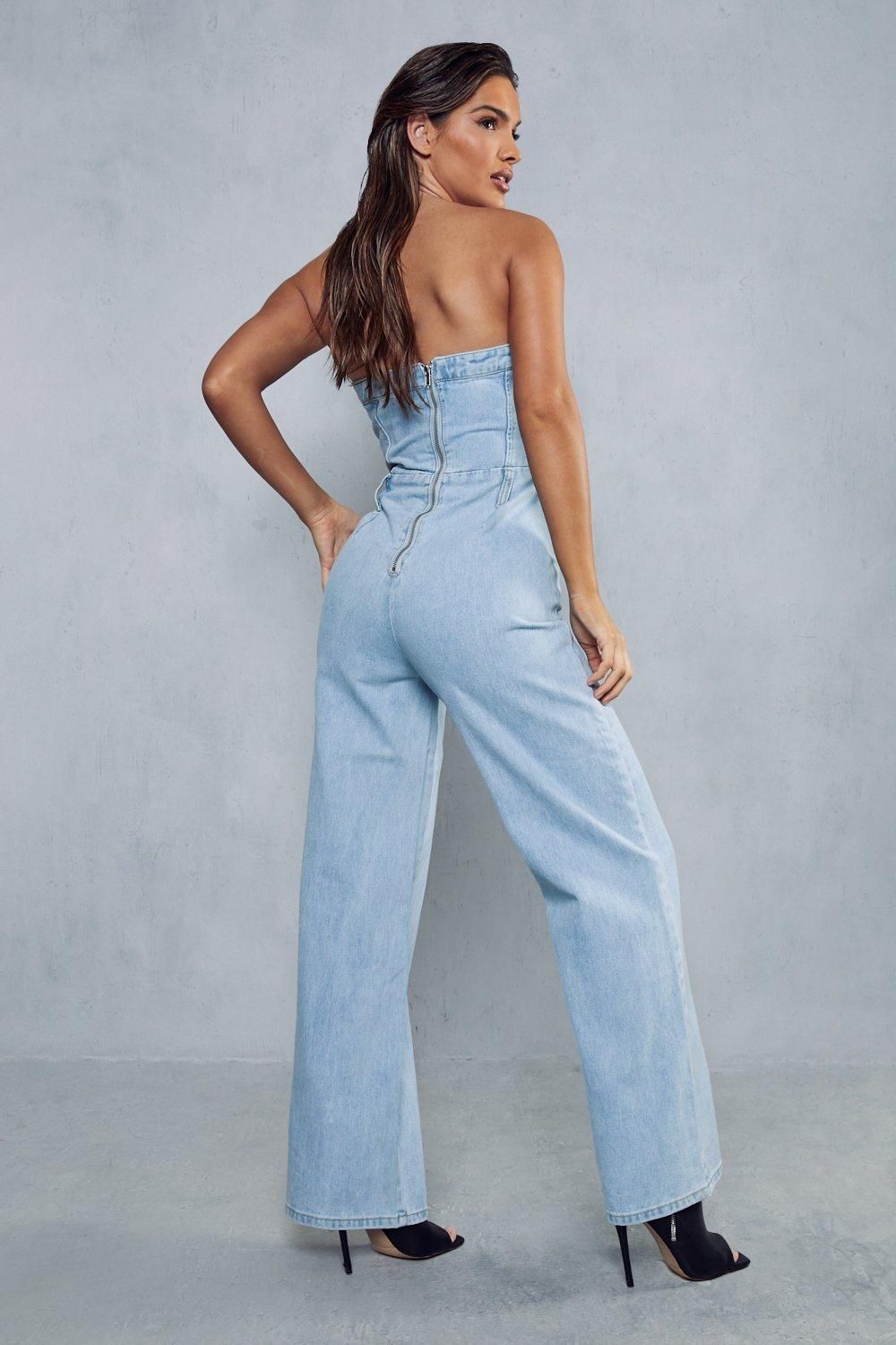 MissPap Bandeau Denim Wide Leg Jumpsuit Mid Wash image 3