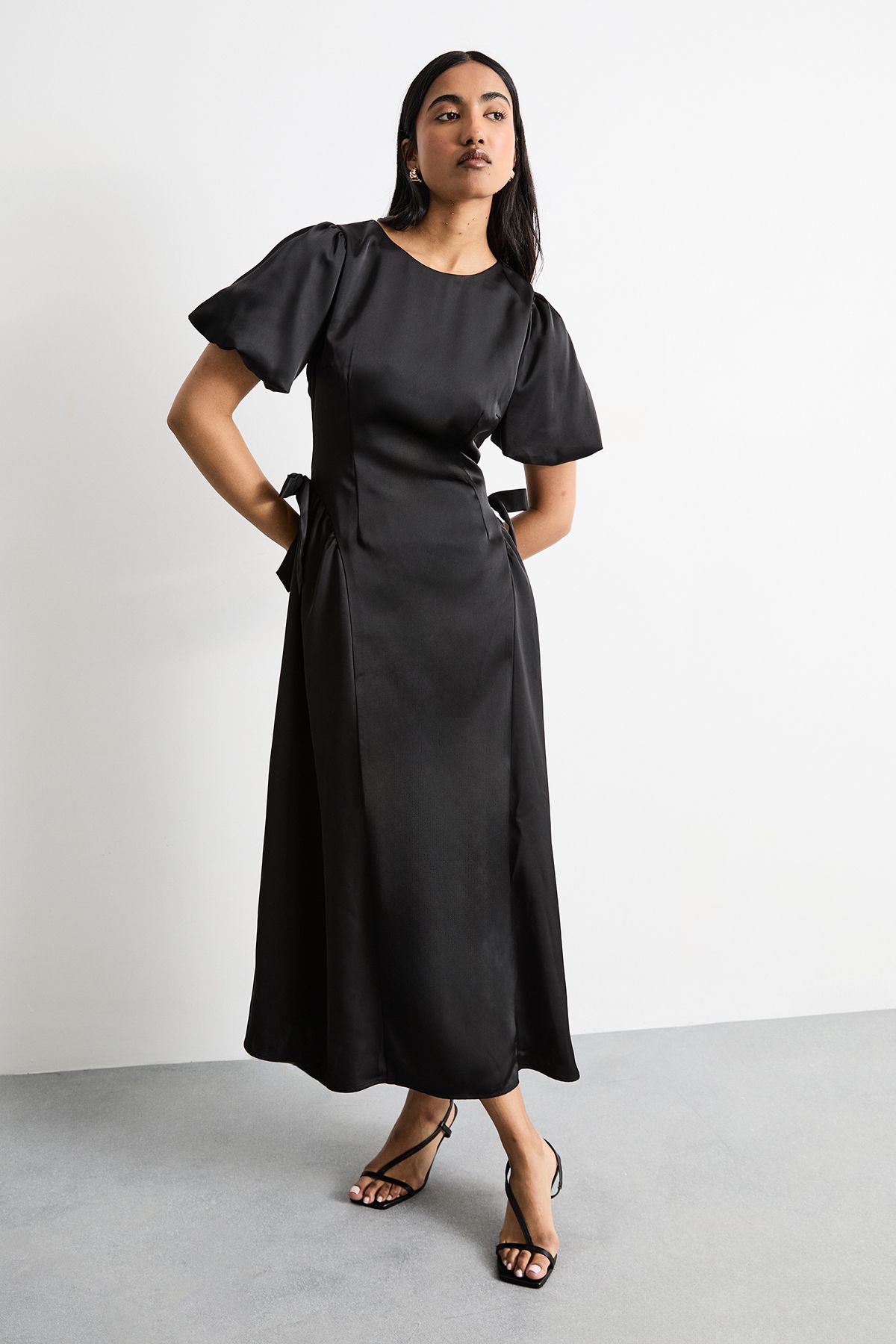 Warehouse Heavy Satin Bow Detail Godet Midi Dress Black image 2