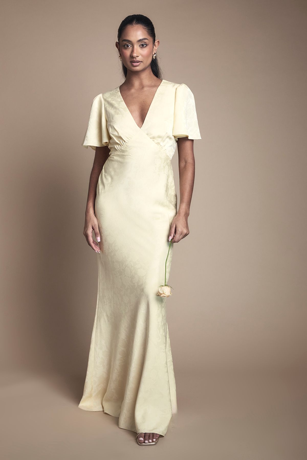 Oasis Angel Sleeve Satin Jacquard Bridesmaid Maxi Dress Butter image 1