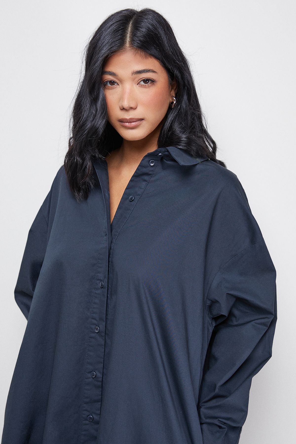 Warehouse Cotton Button Side Placket Oversized Midi Shirt Dress Navy image 4
