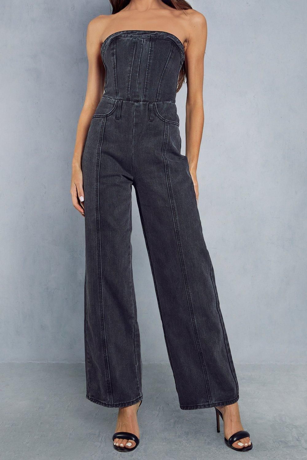 MissPap Bandeau Denim Wide Leg Jumpsuit Washed Black image 5