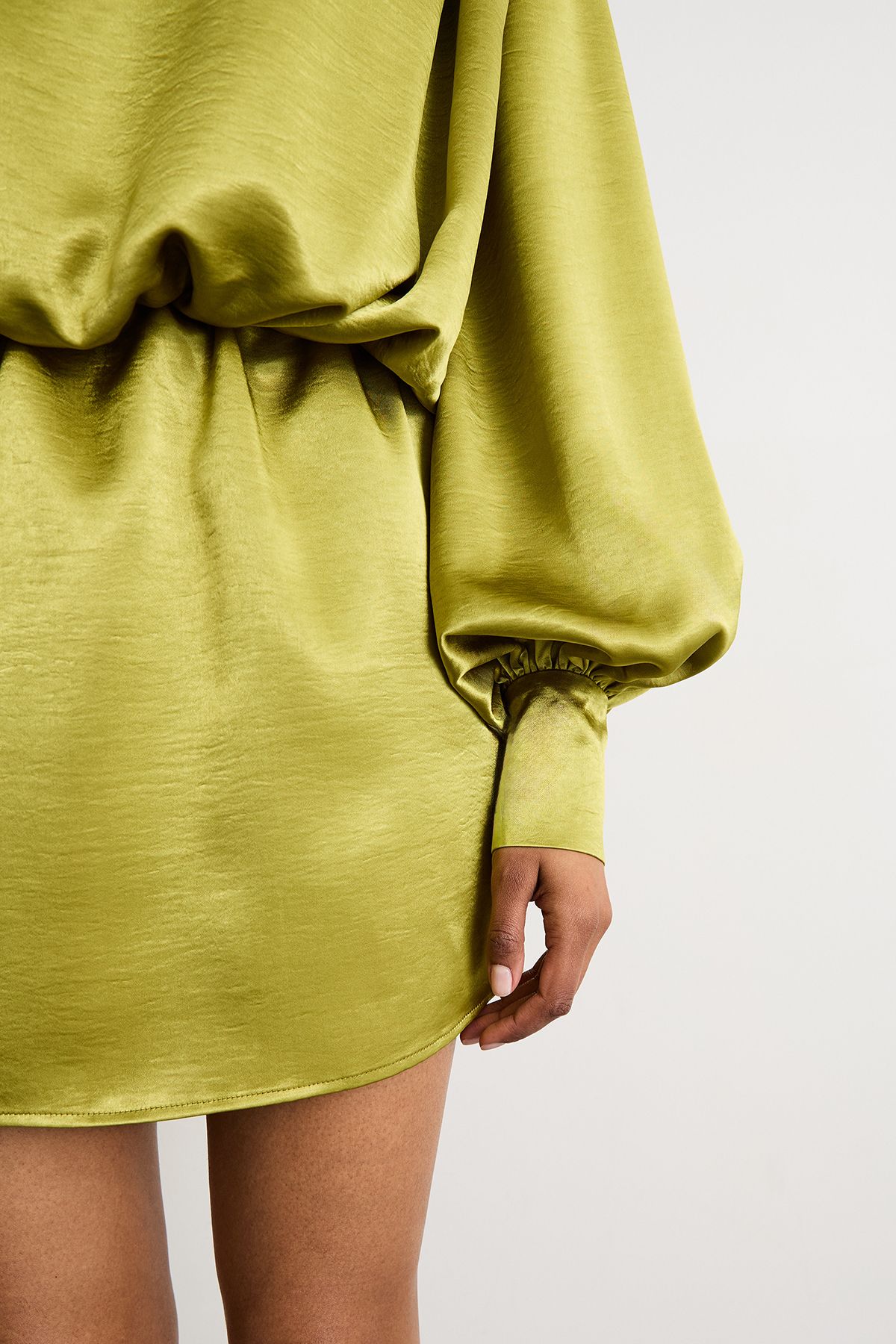 Warehouse Extreme Shoulder Draped Satin Mini Dress Chartreuse image 4