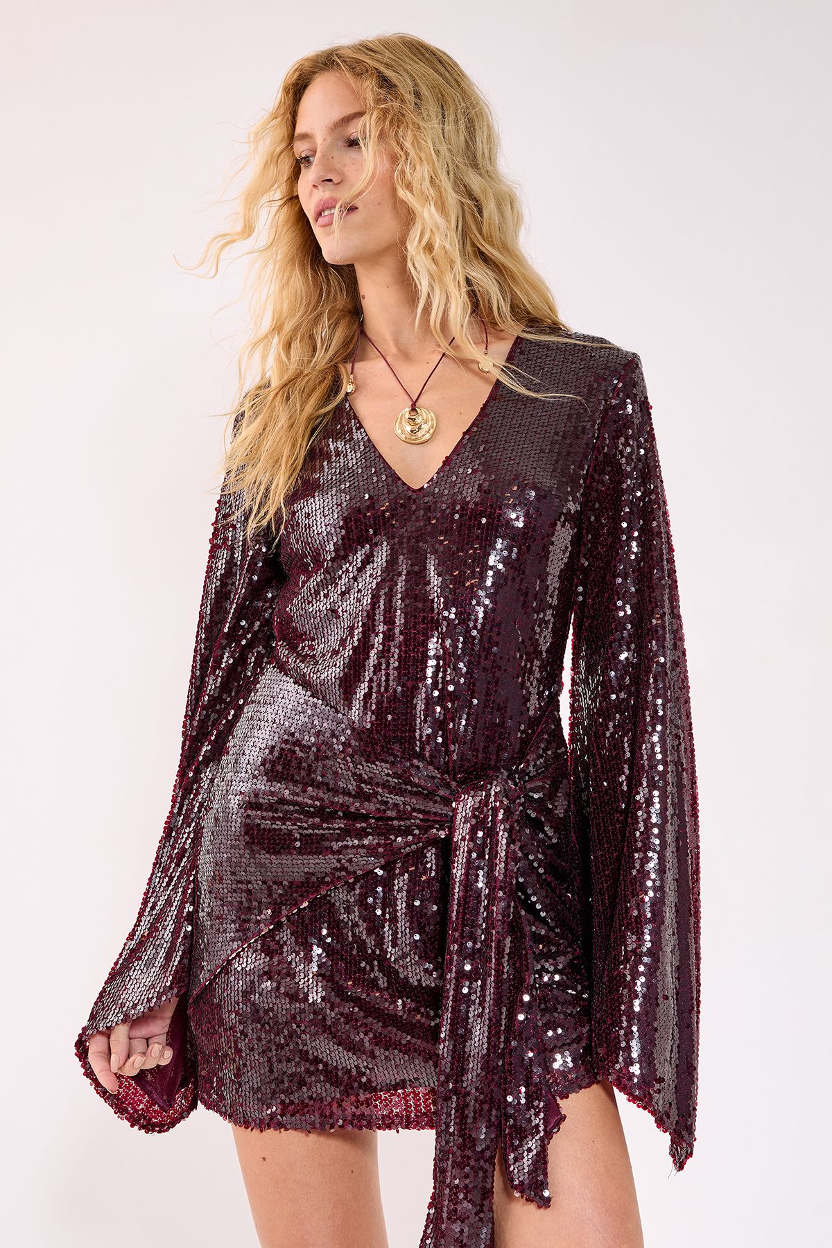 NastyGal Sequin Flared Sleeve Tie Front Mini Dress Burgundy image 3