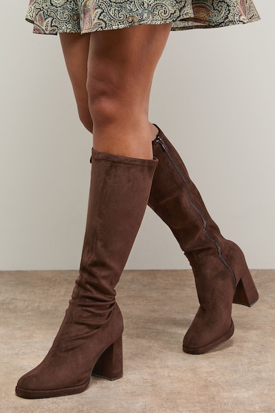 Oasis Florence Faux Suede Platform Block Heel Sock Knee Boots Chocolate