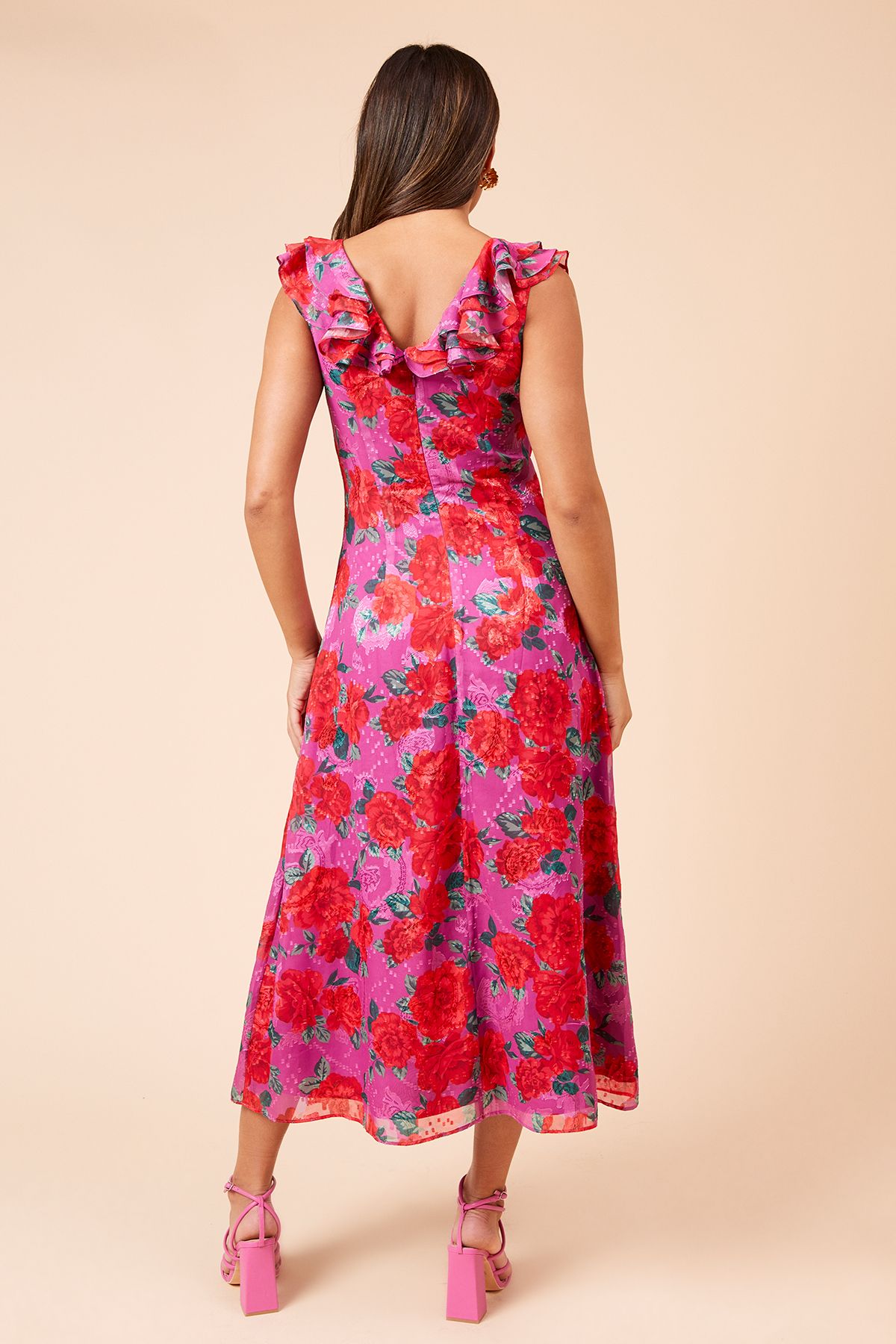 Dorothy Perkins DP Luxe  Printed Jacquard Chiffon Ruffle Front Sleeveless Midi Dress Floral image 3