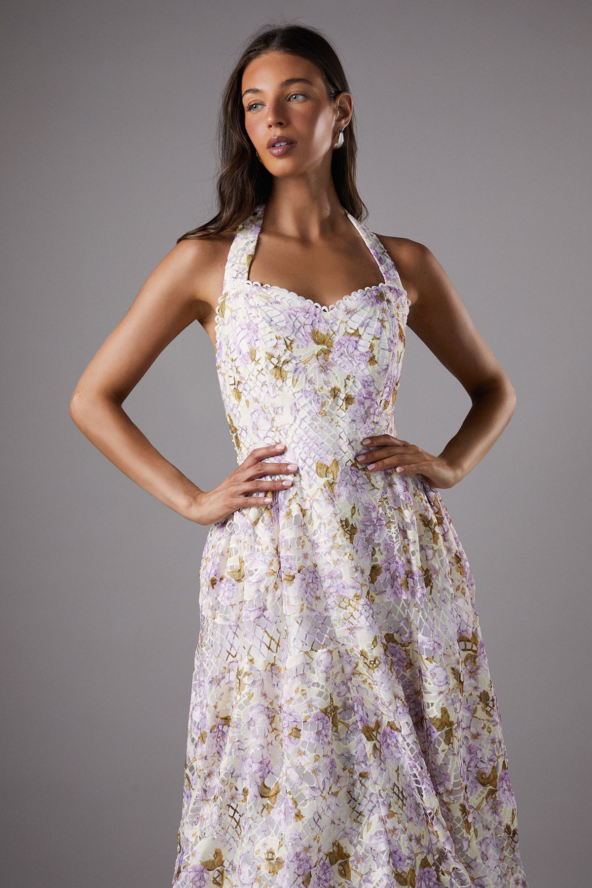 Coast Printed Lace Halter Neck Midi Dress White image 2