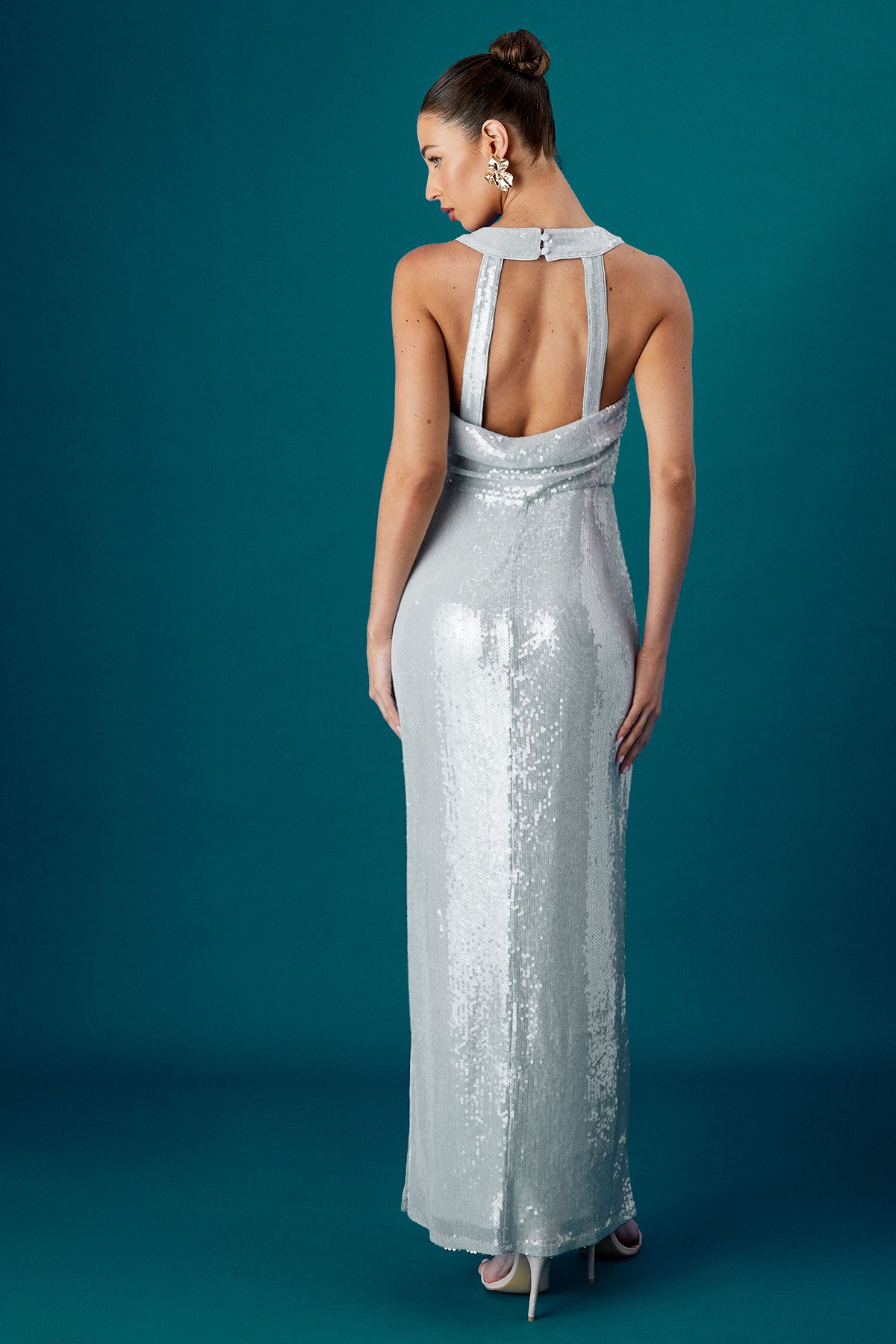 Coast Coast Muse Cowl Front Halter Sequin Maxi Dress Pale Blue image 3