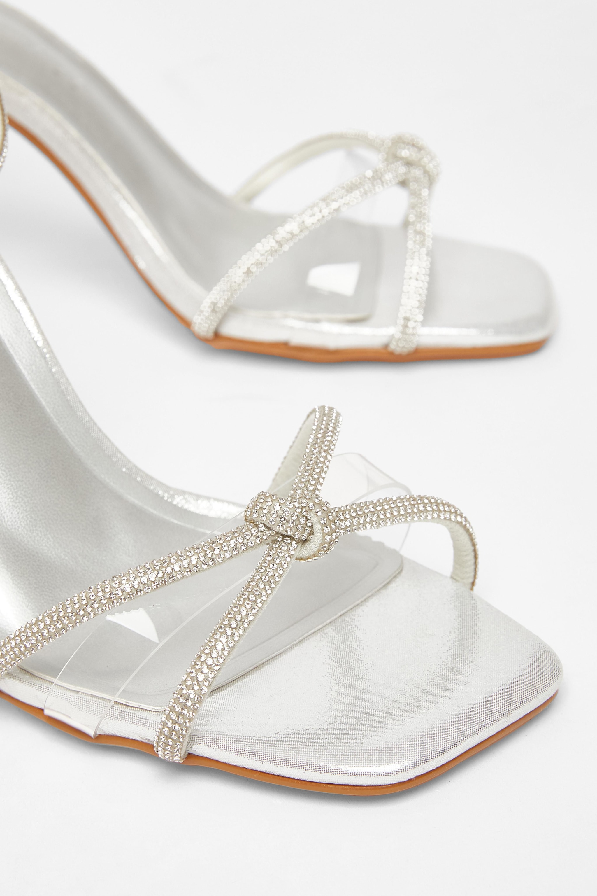 Quiz Silver Wide Fit Diamante Clear Block Heels image 4