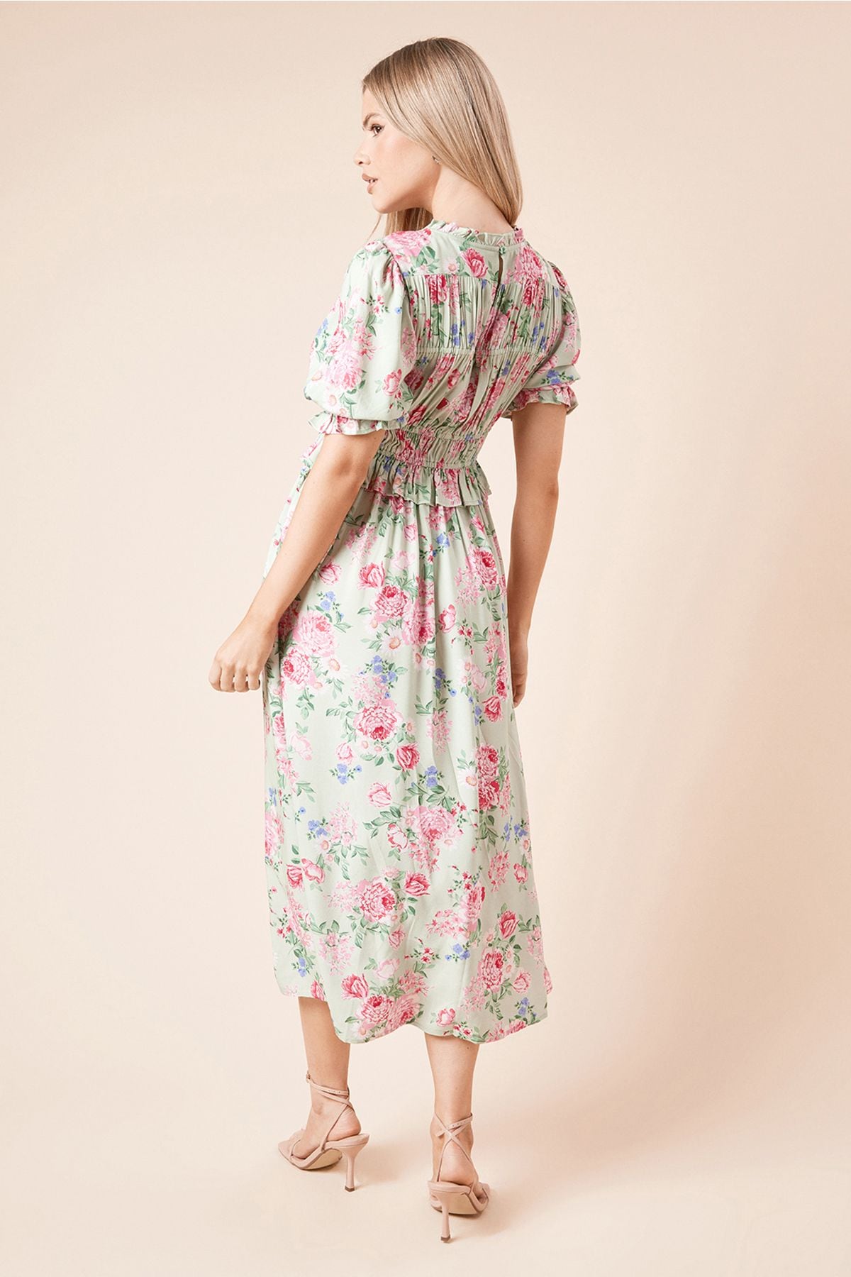 Dorothy Perkins Floral Shirred Bodice Puff Sleeve Midi Dress Floral image 3