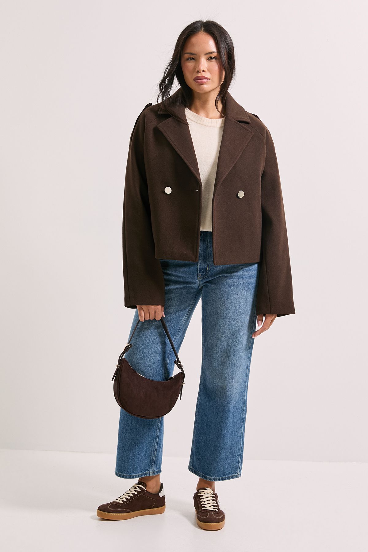 Dorothy Perkins Short Faux Wool Trench Jacket Chocolate image 2