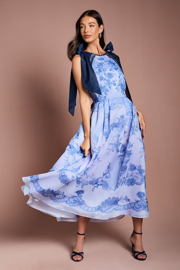 Coast Halter Neck Bow Shoulder Placement Print Organza Midi Dress Blue