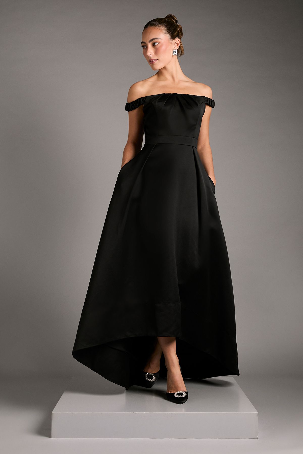 Coast Black Bardot Fit And Flare Hi Low Hem Maxi Dress PLT