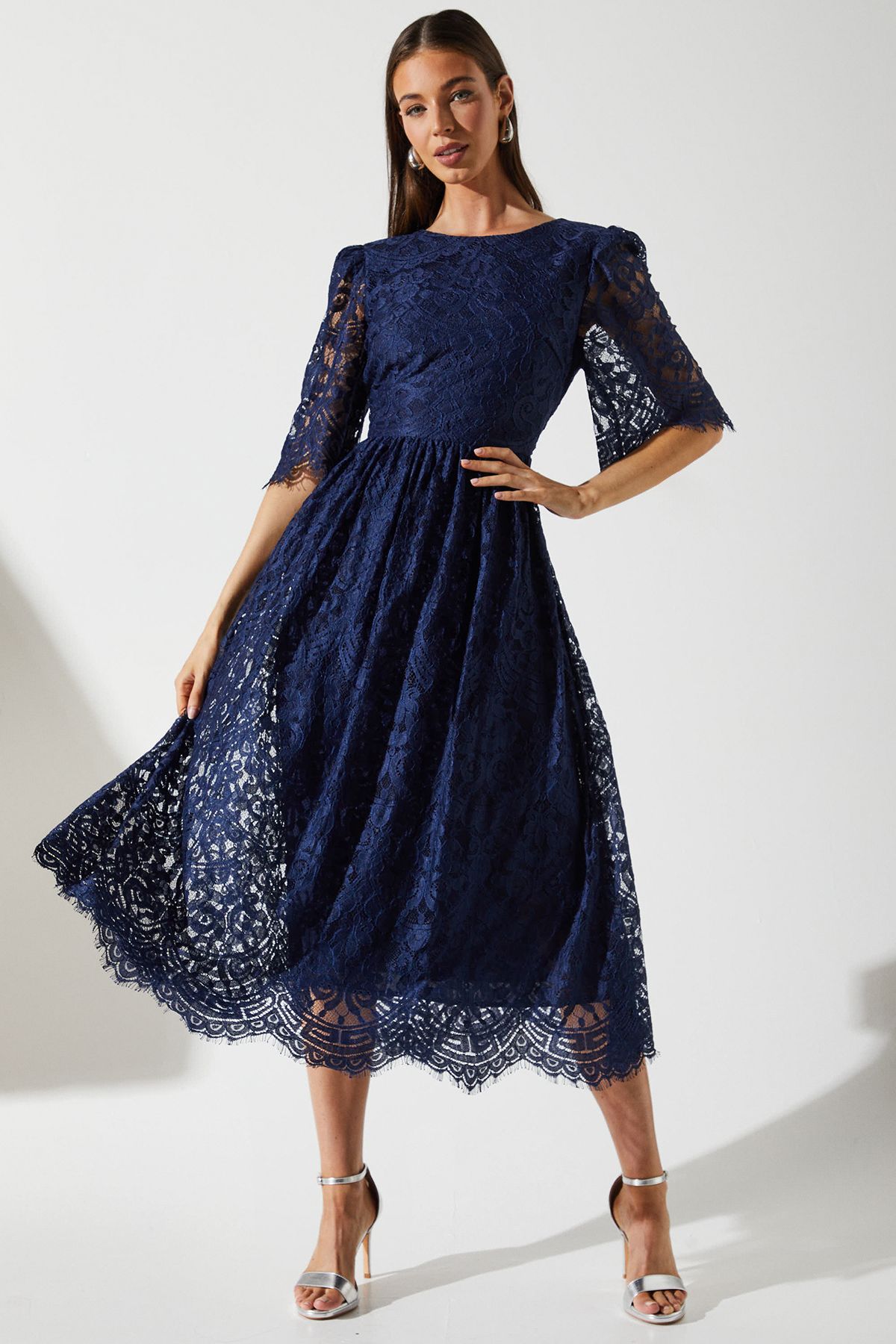 Coast Lace Short Sleeve Midi Dress Navy