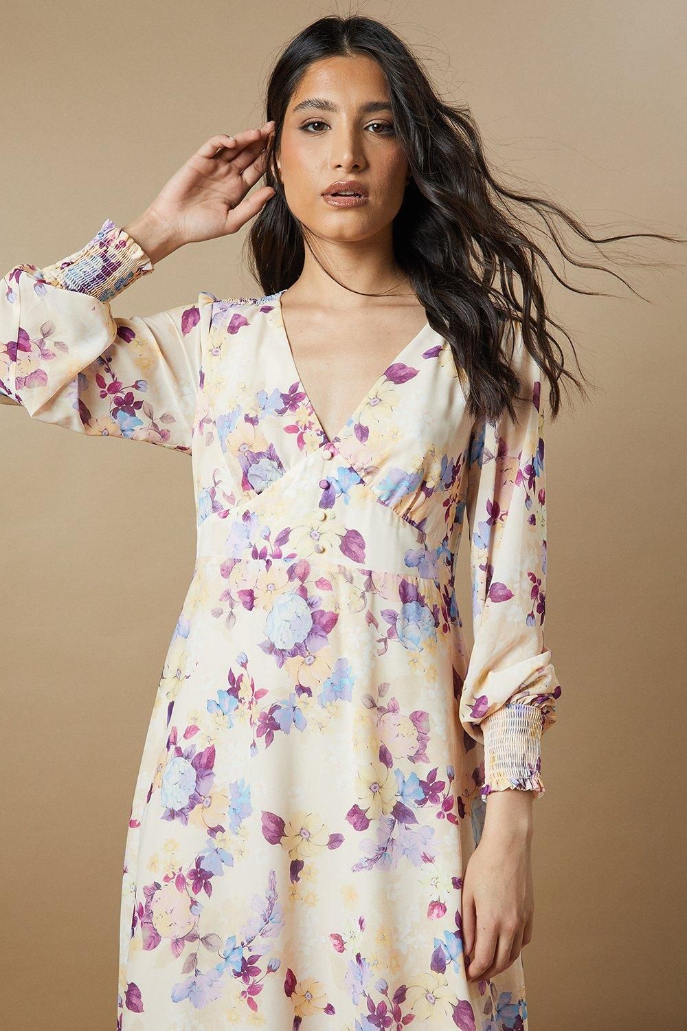 Oasis Floral Button Long Sleeve Midi Dress Cream image 2